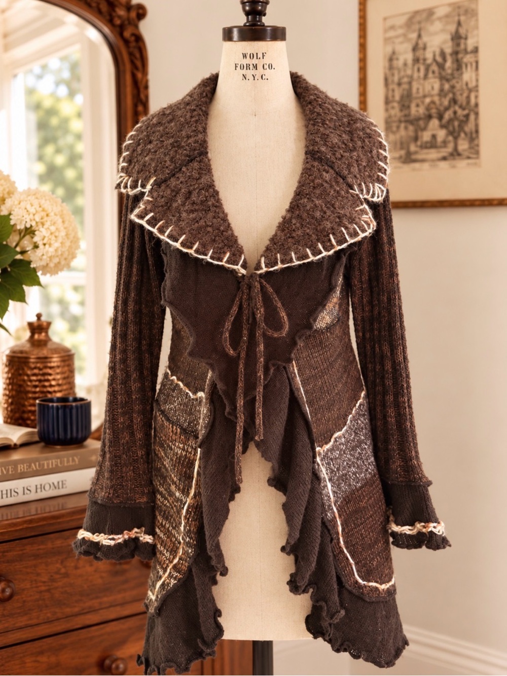 Vintage Y2K Seventh Avenue Brown Patchwork Ruffle Knit Cardigan Duster Medium